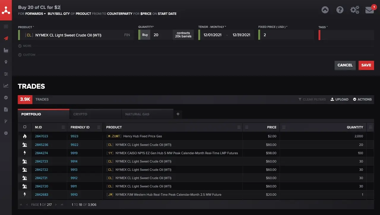 Trades screen